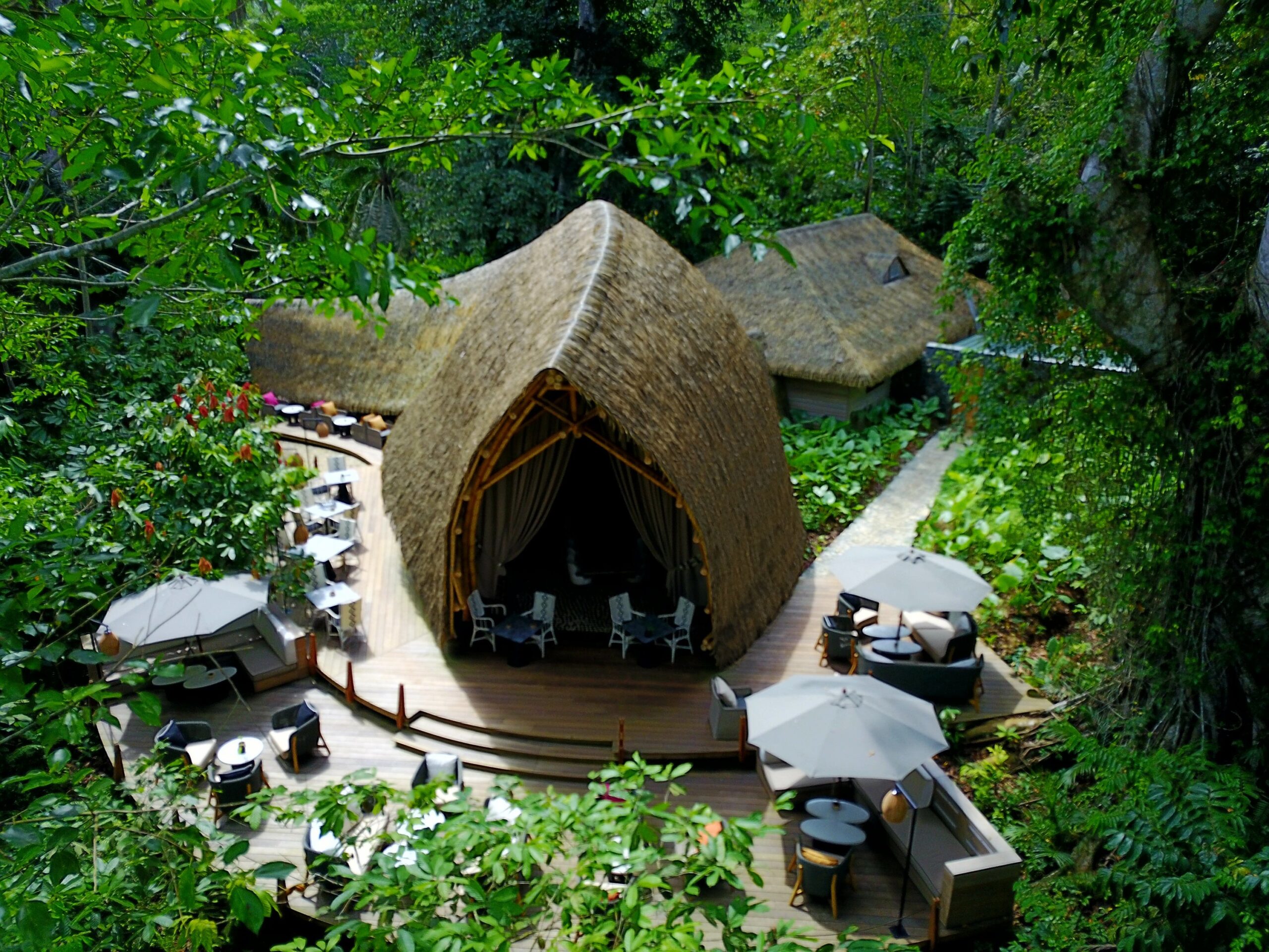 Sundy Praia Principe thatched restaurant in the rainforest
