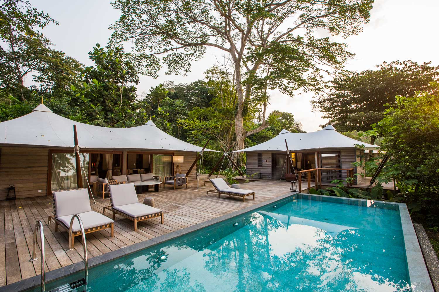 Sundy Praia Principe tented villas and private pool at sunset