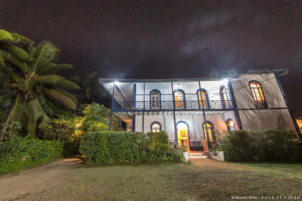 The plantation house illuminated at night at Roça São João dos Angolares, São Tomé