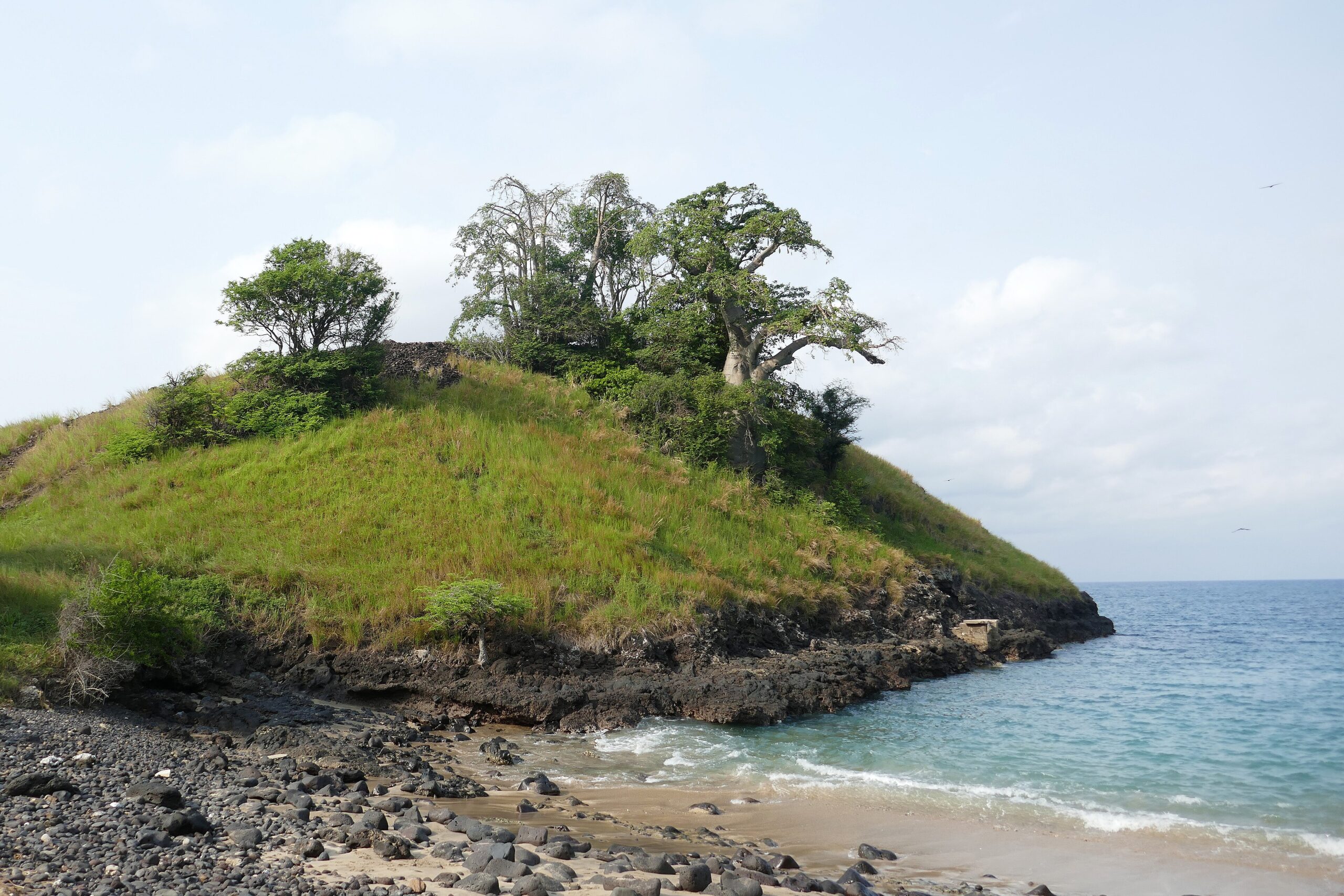 Grassy headland and baobab trees above the Lagoa Azul cove