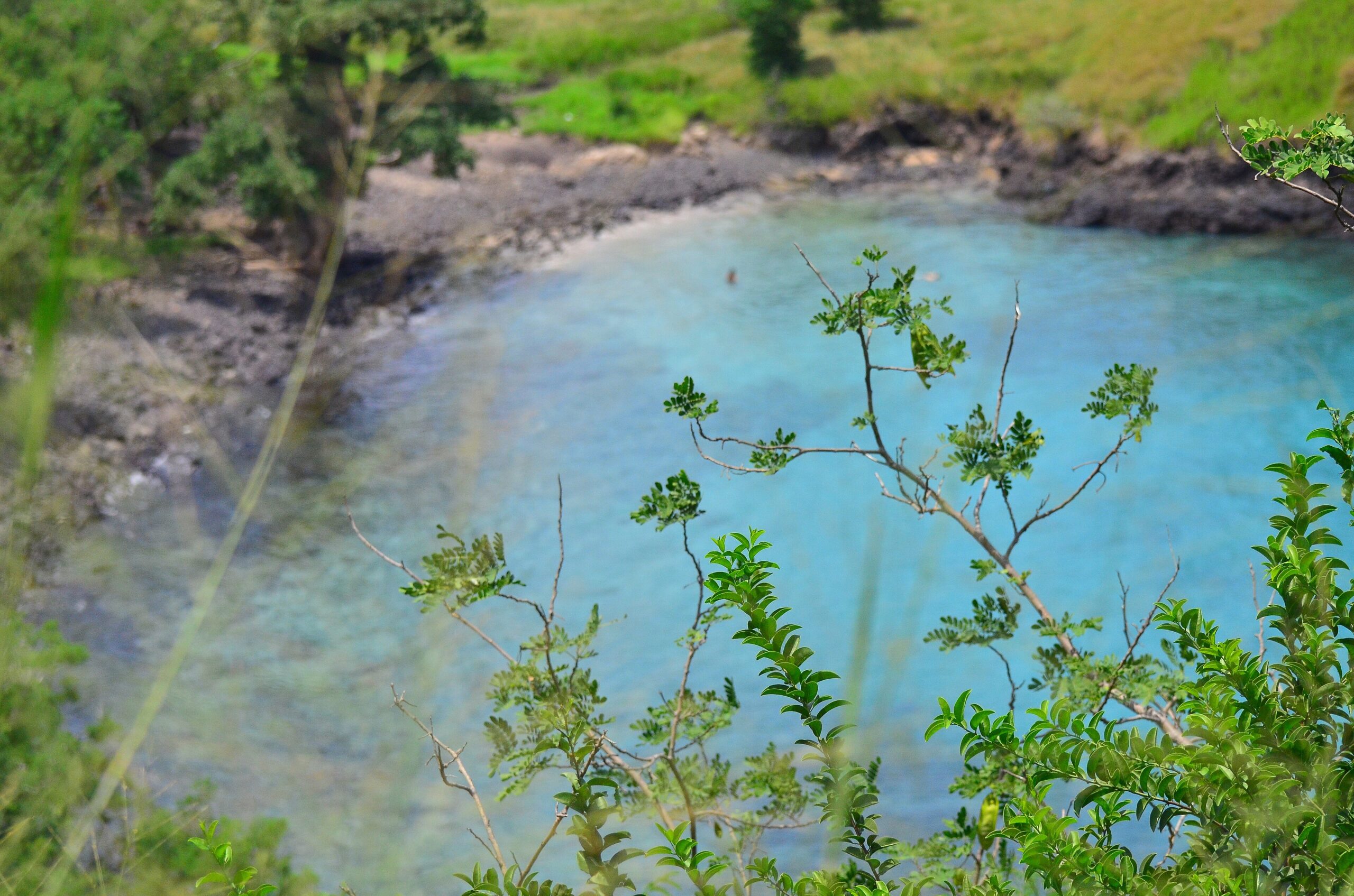 Clear water of Lagoa Azul framed by coastal foliage