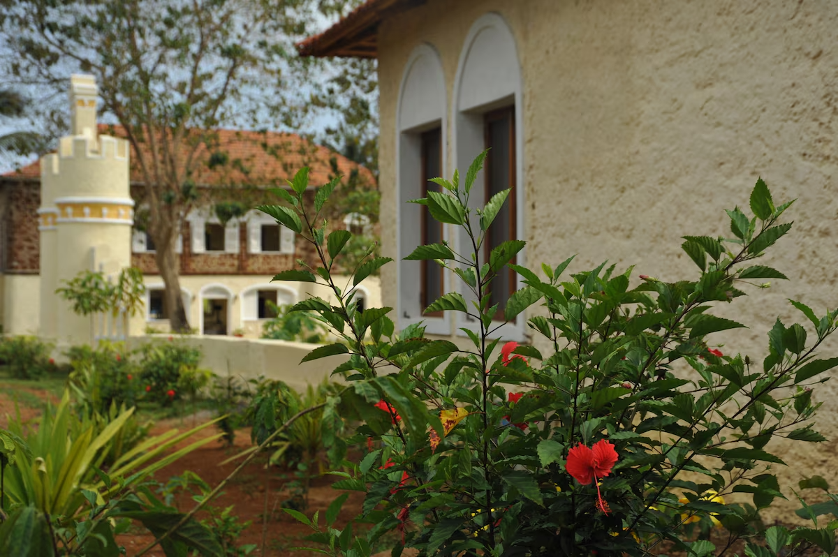 Belo Monte main house framed by tropical garden, Príncipe Island