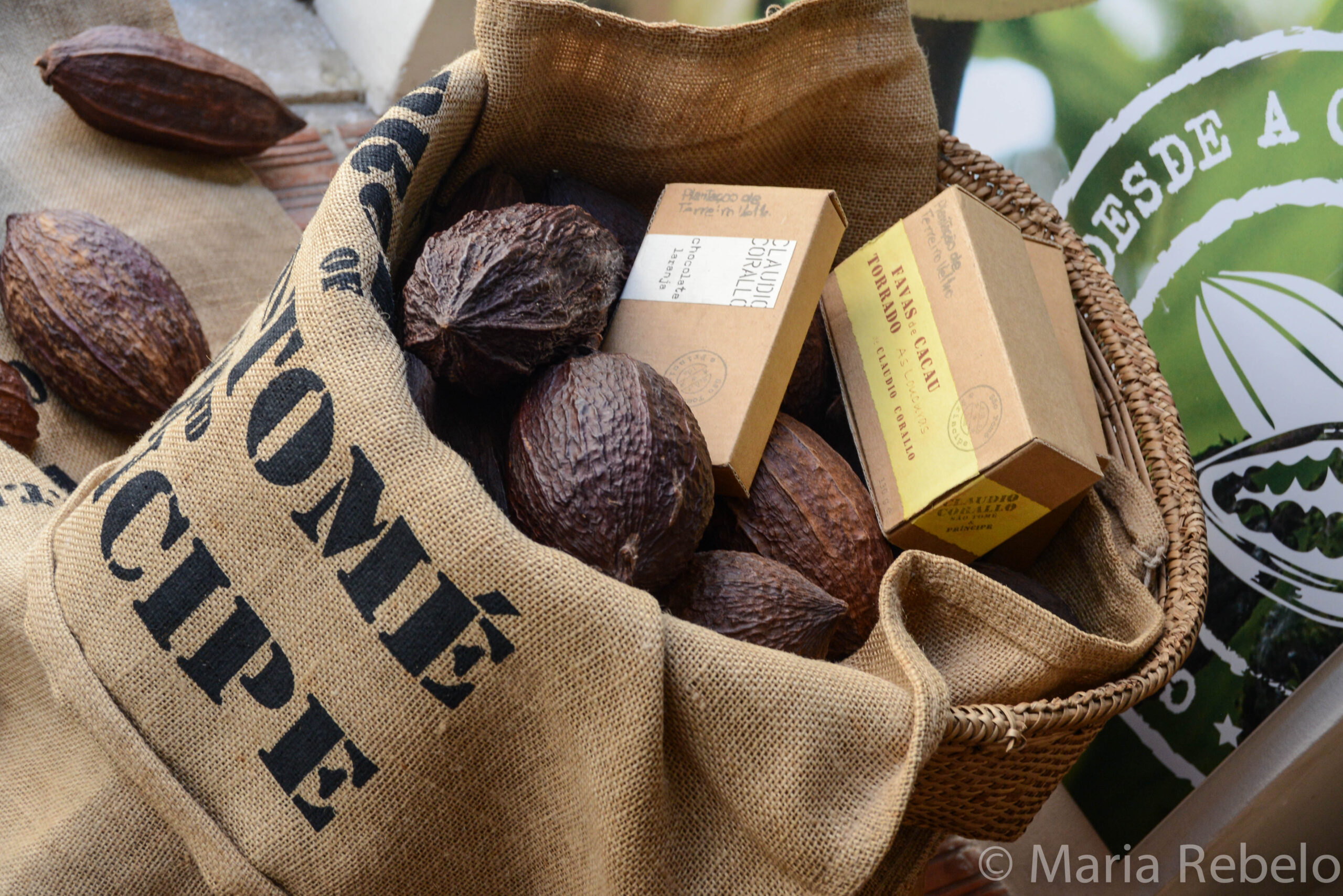 Claudio Corallo chocolate boxes and São Tomé cacao in a basket