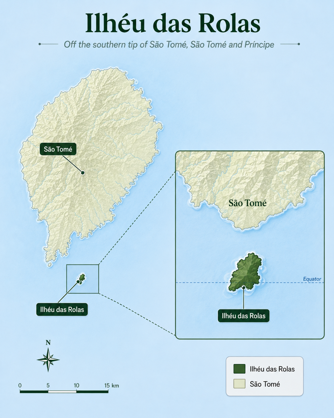 Map showing Ilhéu das Rolas off the southern tip of São Tomé, on the Equator