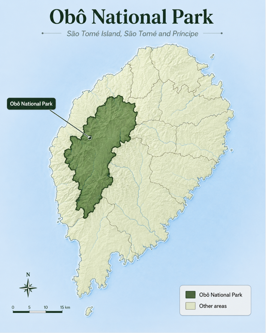 Map of Obô National Park covering the mountainous heart of São Tomé Island
