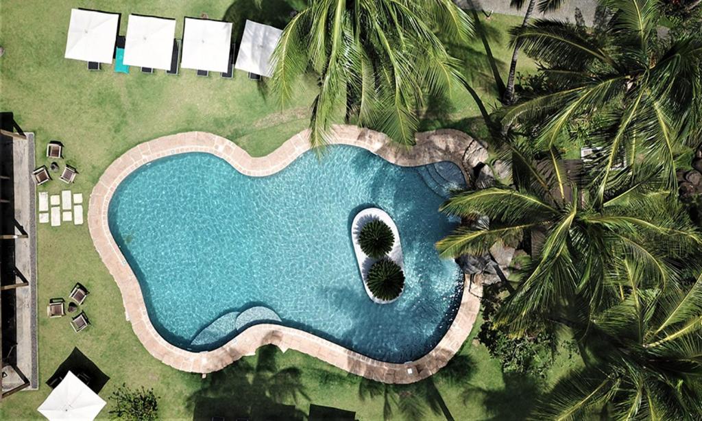 Aerial view of Omali Lodge curved swimming pool and gardens, São Tomé